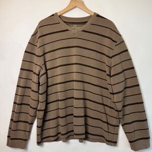 Faded Glory Mens 2XL Brown Striped V-Neck Long Sleeve Ribbed Knit Shirt RN52469